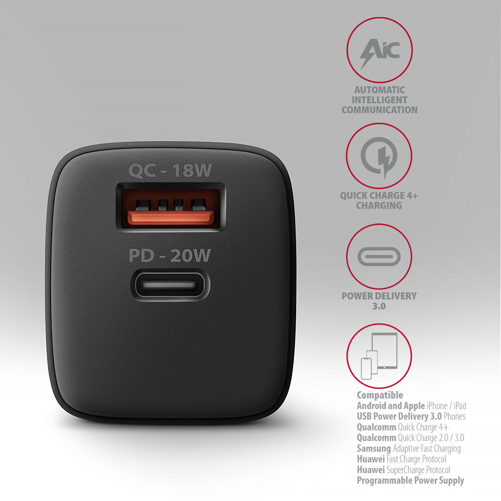 Axagon ACU-PQ20 wall charger QC3.0/AFC/FCP+ PD type-C 20 W - schwarz - USB Typ C Teléfono móvil, Smartphone, Reloj inteligente, Tableta, Universal Negro Corriente alterna Carga rápida Interior (4)