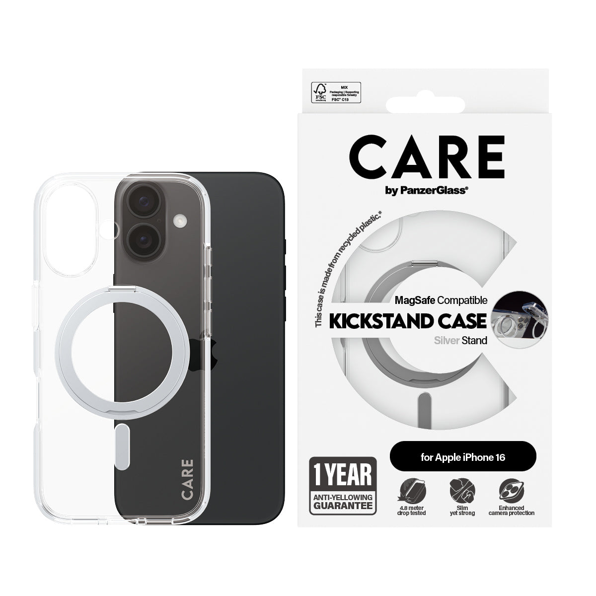 PanzerGlass CARE™ by ® Funda Transparente con Soporte Plateado y MagSafe iPhone (1325)