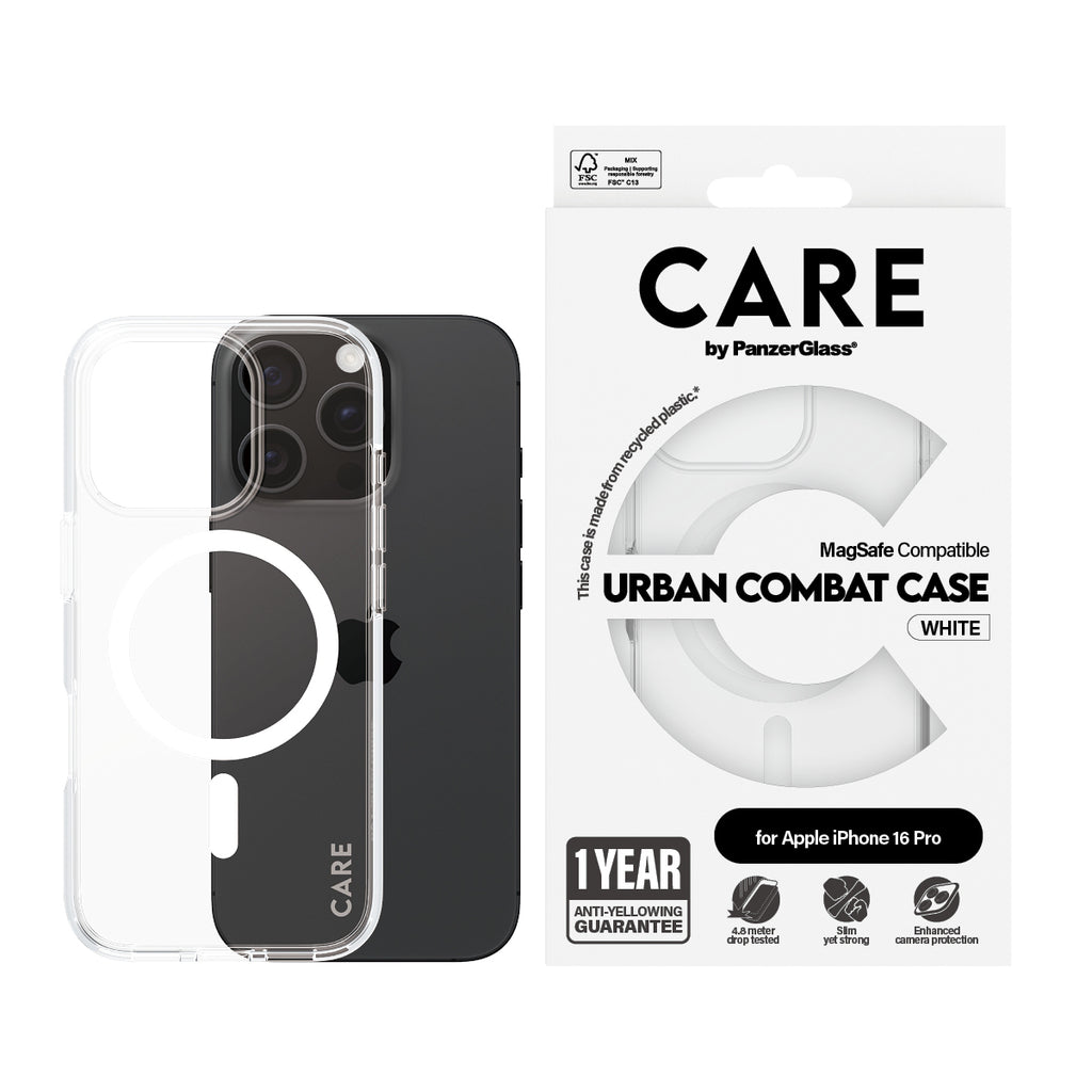 PanzerGlass CARE™ by ® Urban Combat Case Transparent w. White MagSafe iPhone 16 Pro funda para teléfono móvil Transparente (2)
