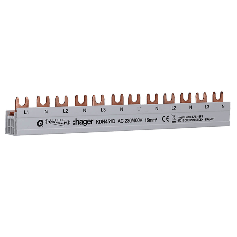 Hager Phasenschiene 3+N-polig KDN451D Gabelanschluss 16qmm 80A 12 Module (2)