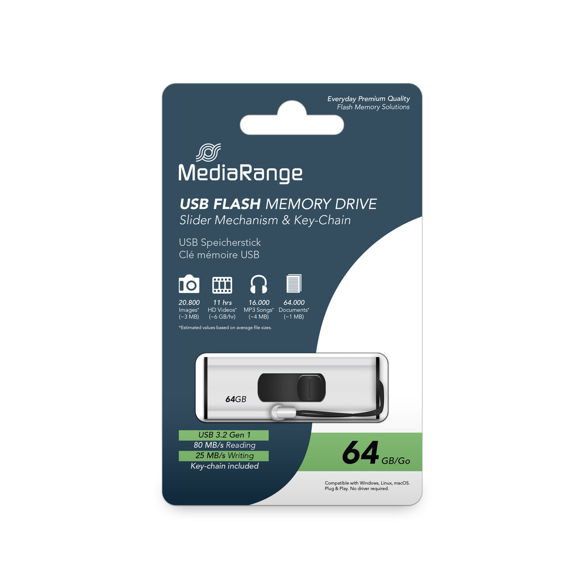 MediaRange MR917 USB flash drive 64 GB USB Type-A 3.2 Gen 1 negro, plata