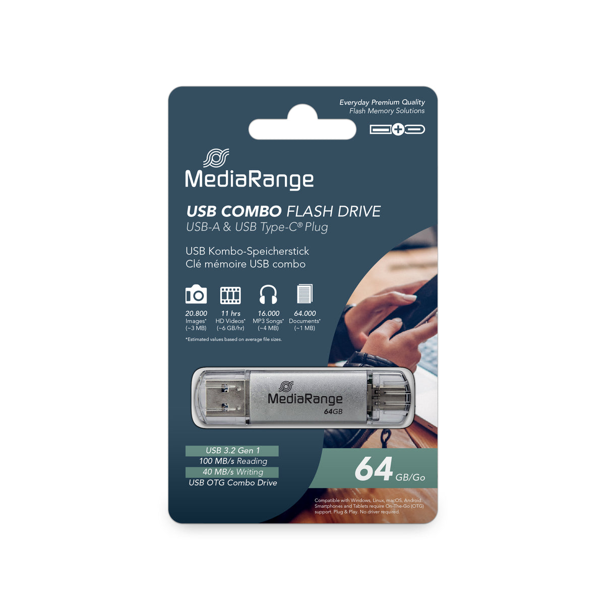 MediaRange MR937 USB flash drive 64 GB USB Type-A / USB Type-C 3.2 Gen 1 plata