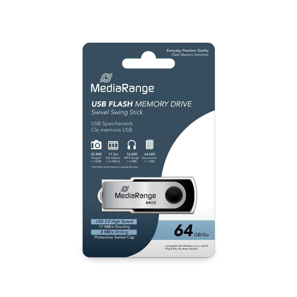 MediaRange 64GB USB 2.0 USB flash drive USB Type-A / Micro-USB negro, plata