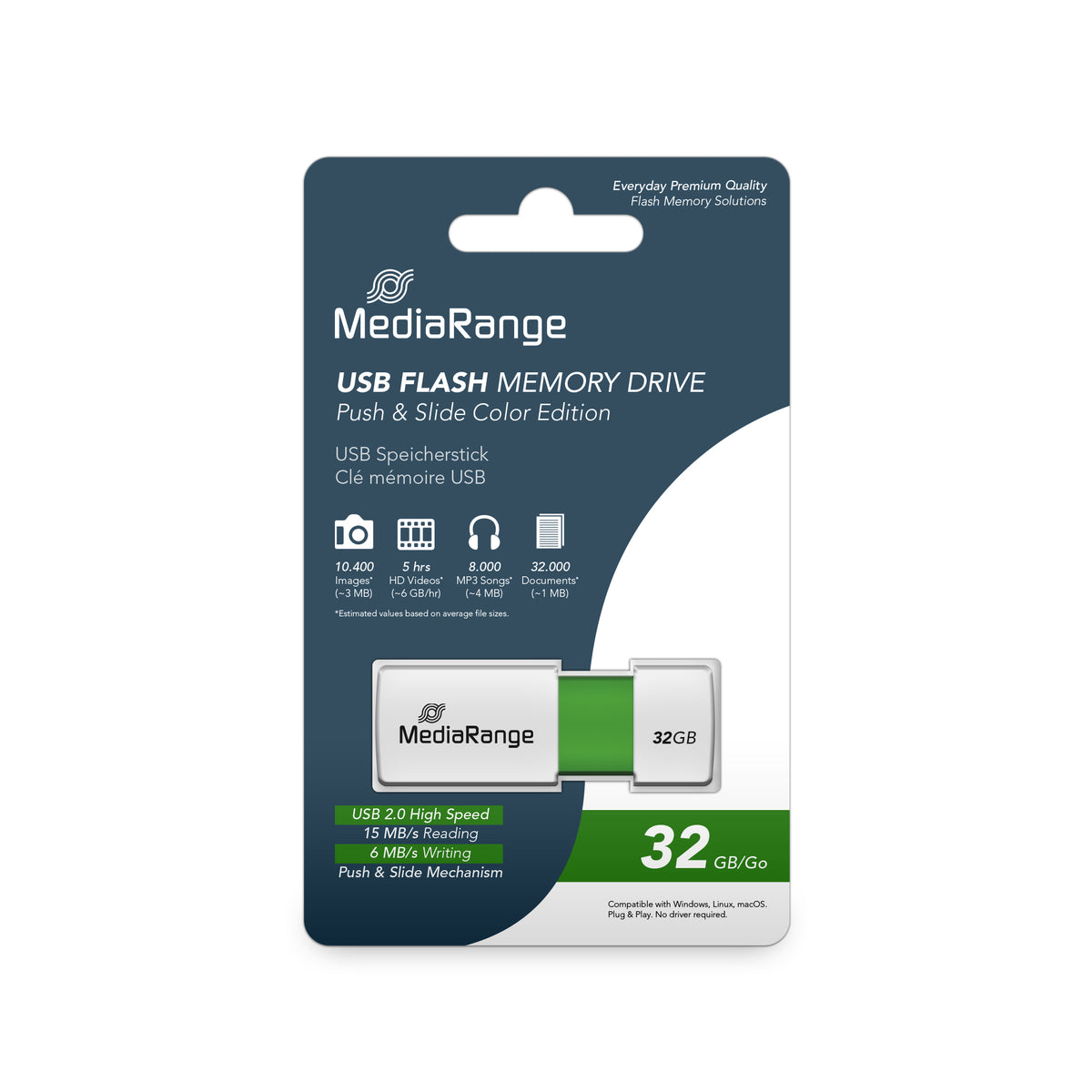 MediaRange MR973 USB flash drive 32 GB USB Type-A 2.0 Green, blanco
