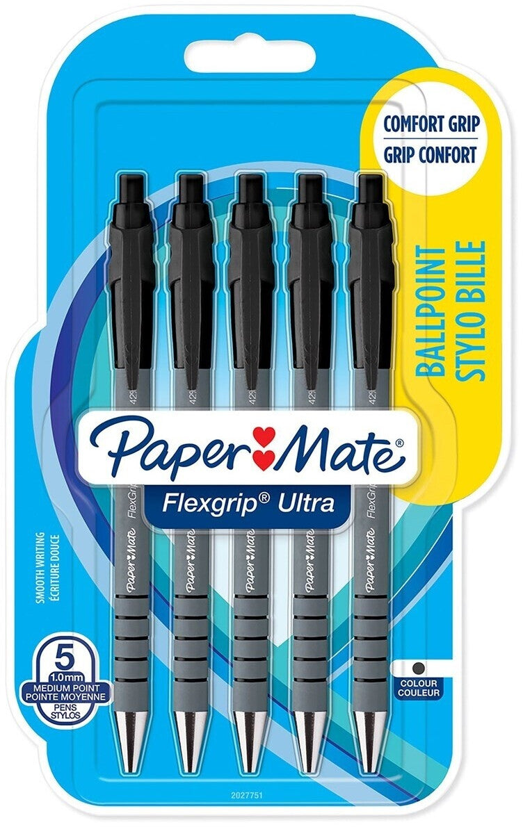 Papermate Flexgrip Ultra Negro Bolígrafo retráctil clip Medio 5 piezas